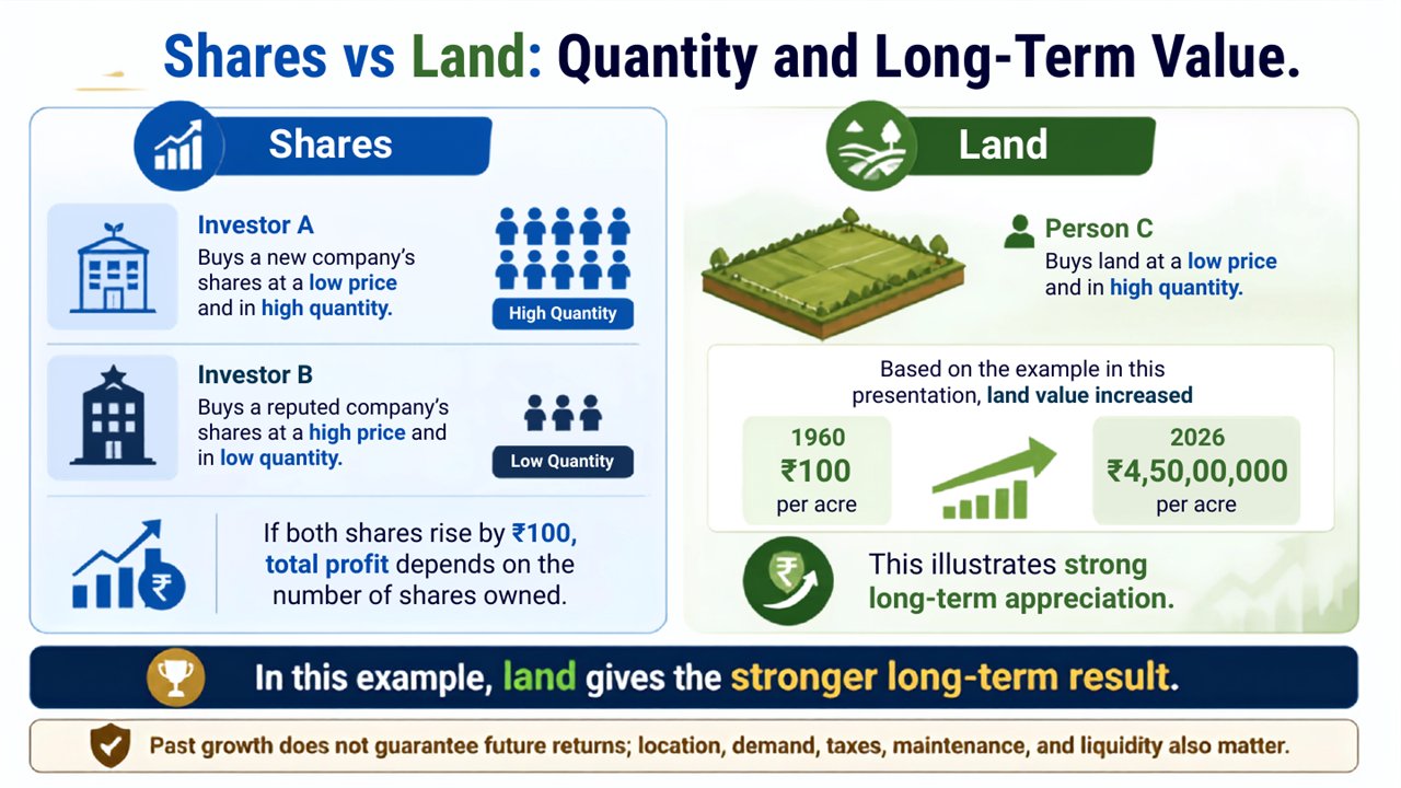 Shares versus land quantity and long-term value comparison from the supplied presentation