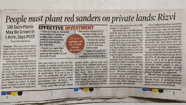 Newspaper article on red sanders cultivation